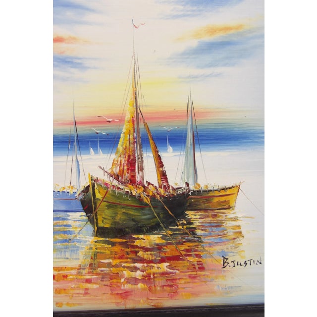 Original Signed Impressionist Oil Painting Sailboat Sunset in Black Rustic Frame For Sale - Image 9 of 10