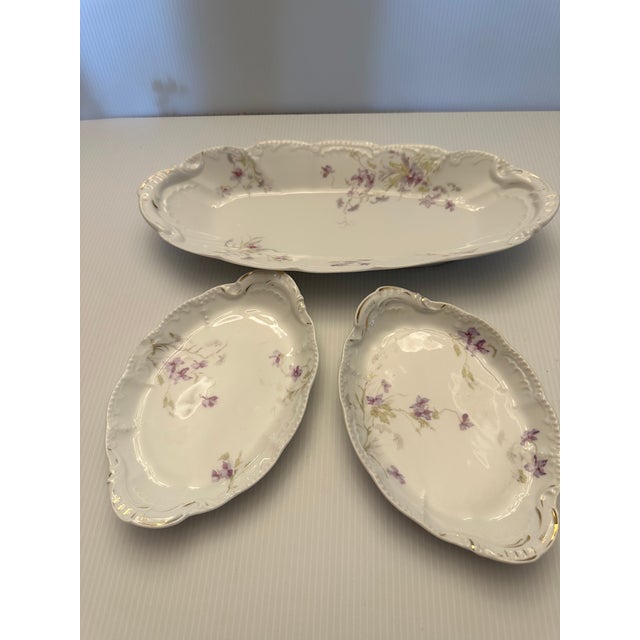 Art Deco 1940s Vintage Limoges Basset Austria 3 Porcelain Serving Bowls "Purple Violets" Pattern For Sale - Image 3 of 18