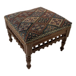 Turkish Embroidered Fretwork Wood Footstool For Sale