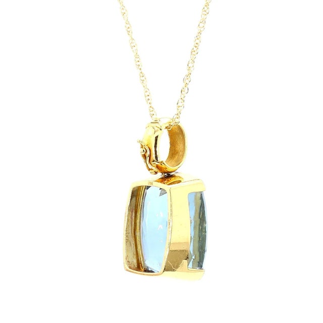 Gia Certified Cushion Cut Blue Topaz in 18k Gold Bezel Pendant Necklace For Sale - Image 9 of 10