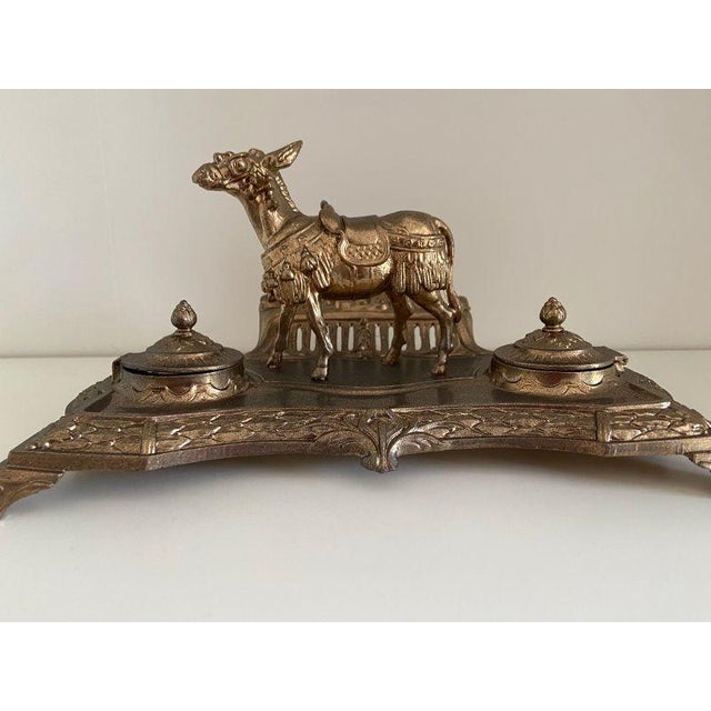 Antique & Unique Writing Set Double Inkwells Early 1900s Gilt and Chiseled Patina (Not Original) Double Decoration in...