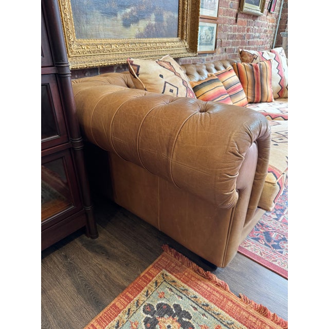 Pair of Vintage Chesterfield Style Leather Sofas With Kilim Fabric Cushions For Sale - Image 13 of 15