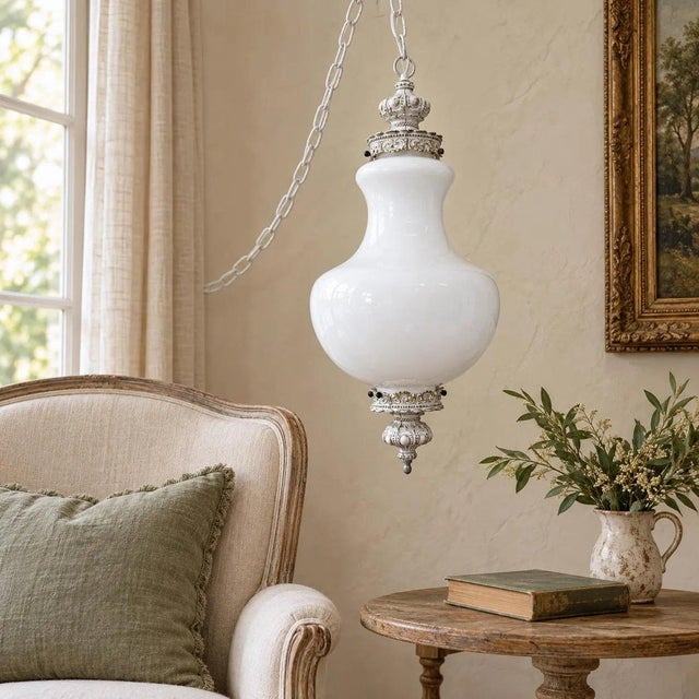 Late 20th Century Hollywood Regency Milk Glass Swag Lamp Sculptural Globe Newly Rewired For Sale - Image 11 of 12