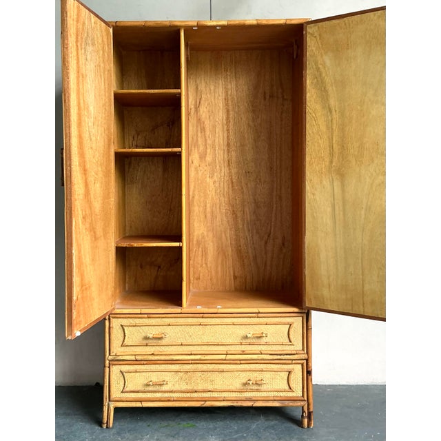 Chinoiserie Vintage Coastal Woven Rattan Armoire For Sale - Image 3 of 7