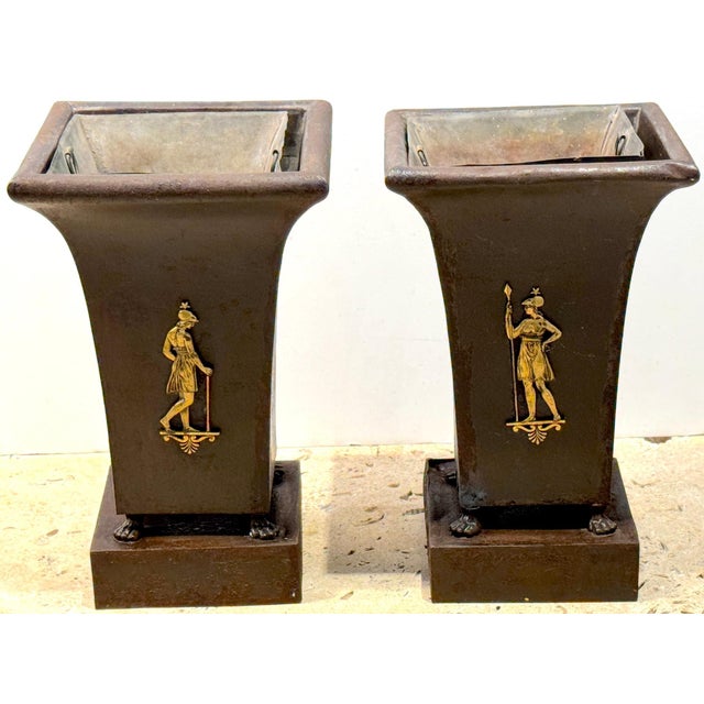 Pair of French Régence–Style Ormolu & Tôle Planters with Classical Allegorical Figures, Early 19th Century Four pieces: a...