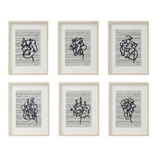 14.6" by 17.3" Natural Wood Shadow Box Framed Original Drawings 'Black and White Floral Abstractions on Music Score Sheets' #4 - Wall Gallery For Sale