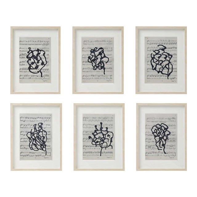 14.6" by 17.3" Natural Wood Shadow Box Framed Original Drawings 'Black and White Floral Abstractions on Music Score Sheets' #4 - Wall Gallery For Sale