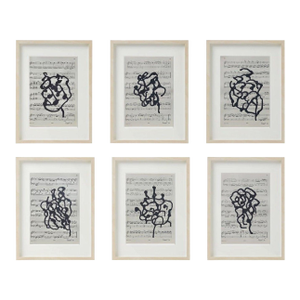 14.6" by 17.3" Natural Wood Shadow Box Framed Original Drawings 'Black and White Floral Abstractions on Music Score Sheets' #4 - Wall Gallery