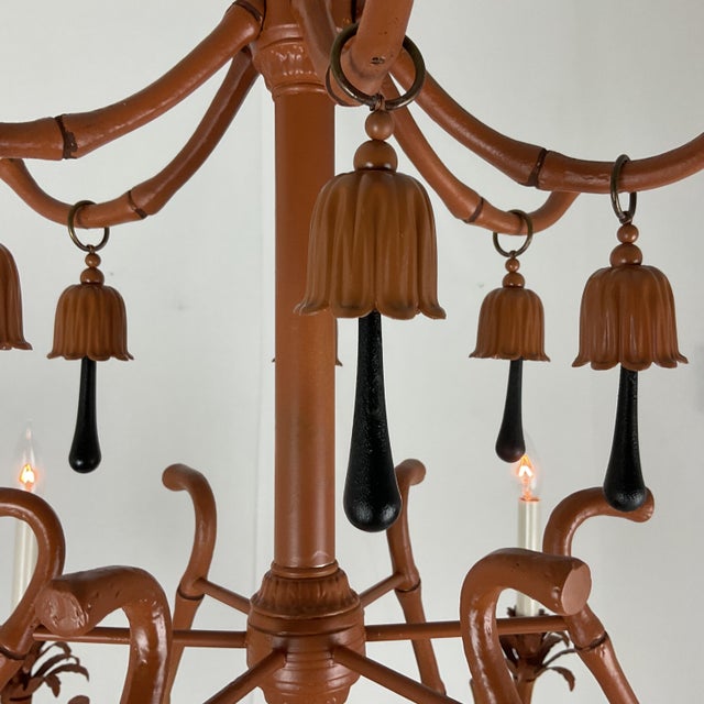 Chinoiserie 1960s Whimsical Chinoiserie Faux Bamboo Monkey Chandelier With Black Teardrop Accents For Sale - Image 3 of 16