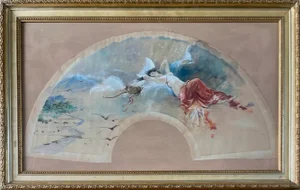 François Flameng, Diane Chasseresse, Watercolor for Fan Project, 1893, Framed