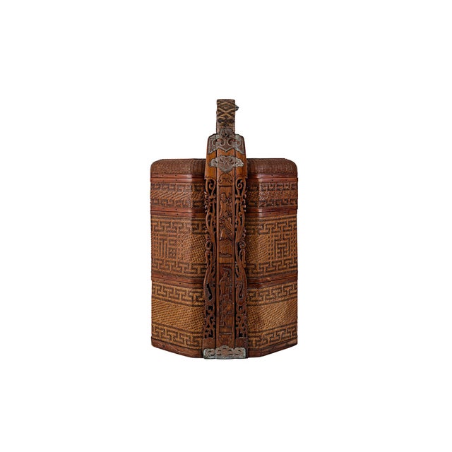 Antique 3 Three Tiered Rattan Bamboo & Wood Chinese Wedding Basket For Sale In Tulsa - Image 6 of 17