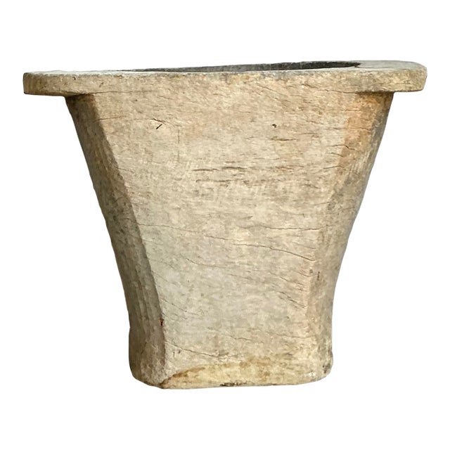 Vintage Boho Carved Coconut Trunk Planter For Sale