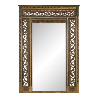 Antique Indian Polychrome Window Made into a Mirror with Richly Carved Décor For Sale