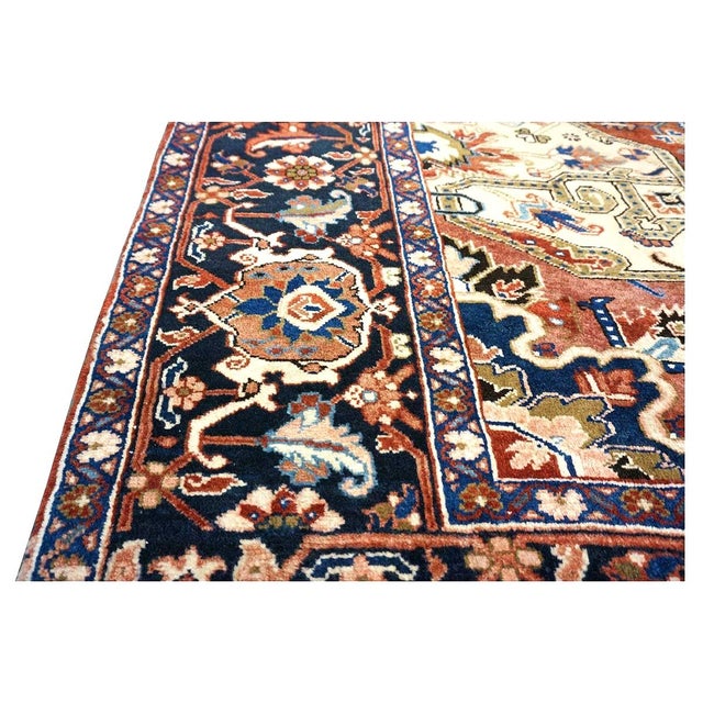Vintage Persian Heriz 10x13 Red, Navy, & Ivory Handmade Area Rug #9901667 For Sale - Image 10 of 13