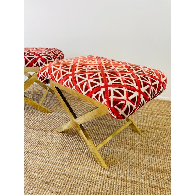 Vintage 1970s Pair of Brass X Base Weiman / Warren Lloyd Mastercraft Geometric Velvet Upholstered Stools Ottomans For Sale - Image 13 of 18