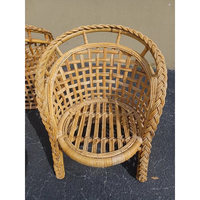 Mid 20th Century Vintage Set of 4 Braided and Weaved Rattan Barrel Dining Chairs For Sale - Image 4 of 5