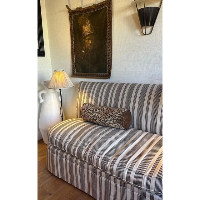 2020s Custom Pair of Bolster Pillows With Lush Patterned Velvet and Leather Trim For Sale - Image 5 of 11