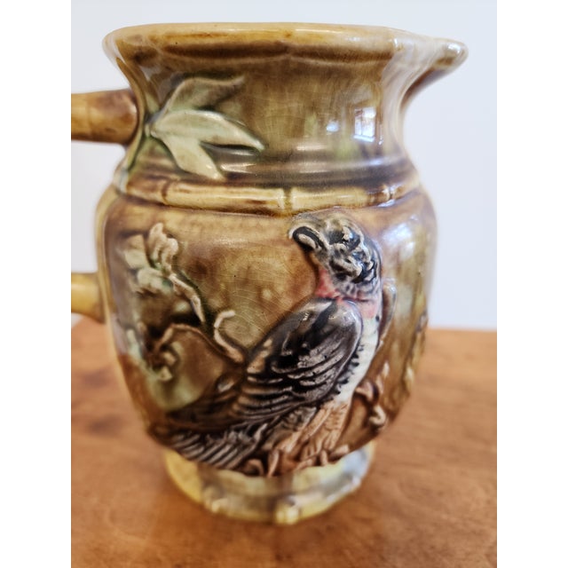 Ceramic 19th Century Majolica Jug With Birds and Bamboo Handle For Sale - Image 7 of 10