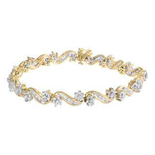 10k Yellow Gold 3.00 Cttw Round-Cut and Baguette-Cut Floral Link 7.25" Bracelet For Sale