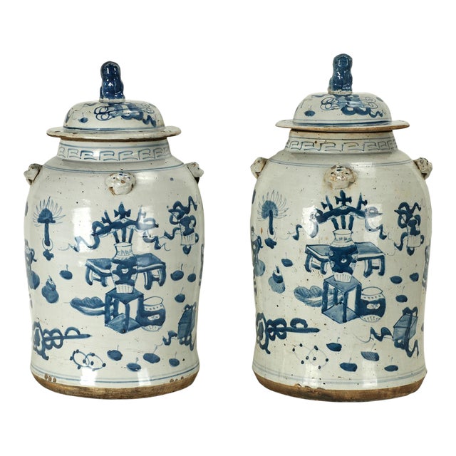 Pair of Antique Chinese Blue and White Porcelain Lidded Jars or Urns For Sale