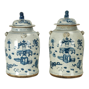 Pair of Antique Chinese Blue and White Porcelain Lidded Jars or Urns