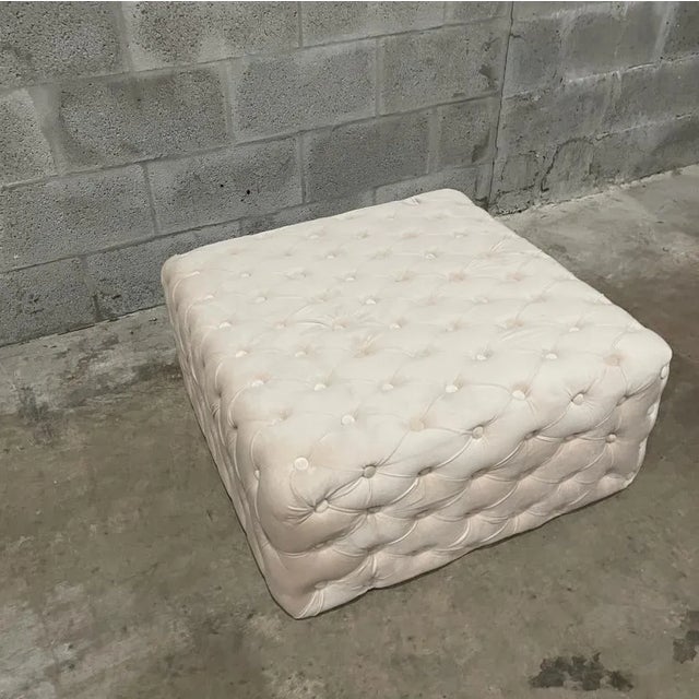 Glass White Velvet Tufted Chesterfield Stool With Crystal Buttons For Sale - Image 7 of 12