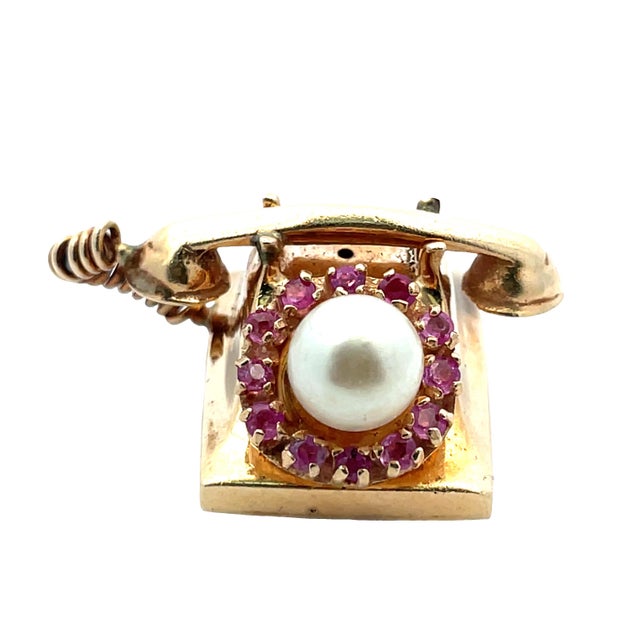 Mid 20th Century 14k Yellow Gold Vintage Telephone Charm With Pearl & Pink Sapphire Dial For Sale - Image 5 of 8