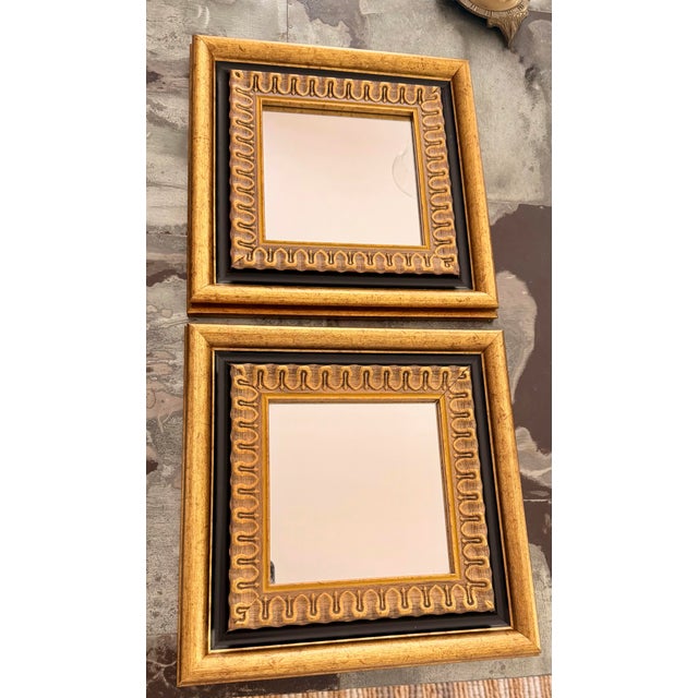 Wood Pair of Vintage 11” X 11” Giltwood Accent Wall Mirrors With Carved Geometric Frames For Sale - Image 7 of 9