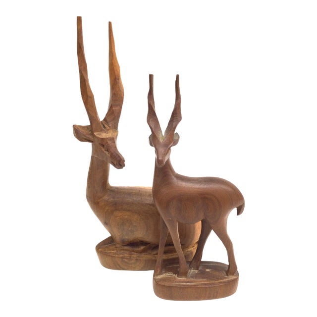 Vintage Hand Carved Wood Antelope Deer Statues - a Pair For Sale
