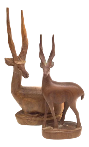 Vintage Hand Carved Wood Antelope Deer Statues - a Pair