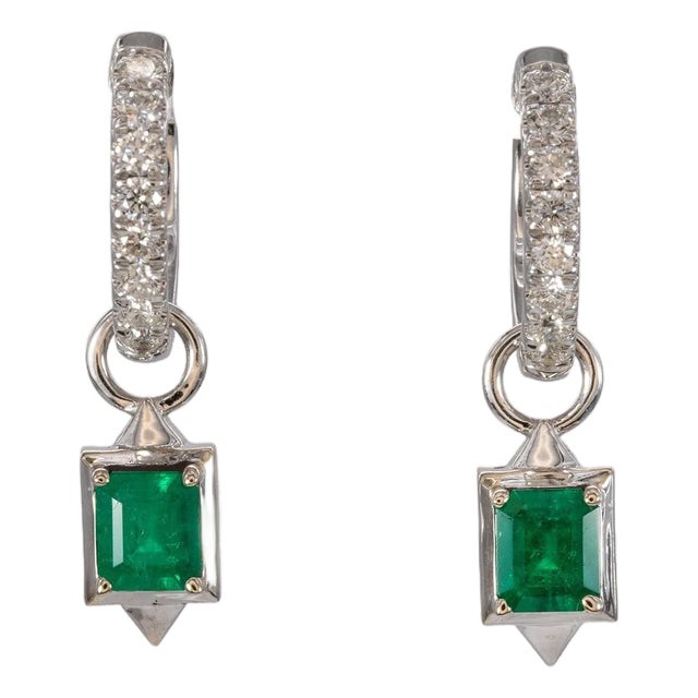 Colombian Emerald Earrings With Earth-Mined Diamond Accents: Solid 14k Gold, Pair For Sale