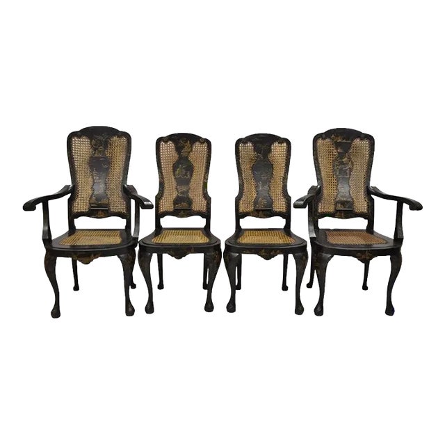 Antique Chinoiserie Queen Anne Hand Painted Floral Cane Dining Chairs - Set of 4 For Sale