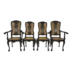 Antique Chinoiserie Queen Anne Hand Painted Floral Cane Dining Chairs - Set of 4