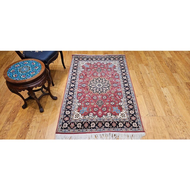 Vintage Persian Tabriz Area Rug, Hand-Knotted Wool & Silk, Floral Pattern, Pomegranate-Red & Navy, 3x5 For Sale - Image 9 of 18