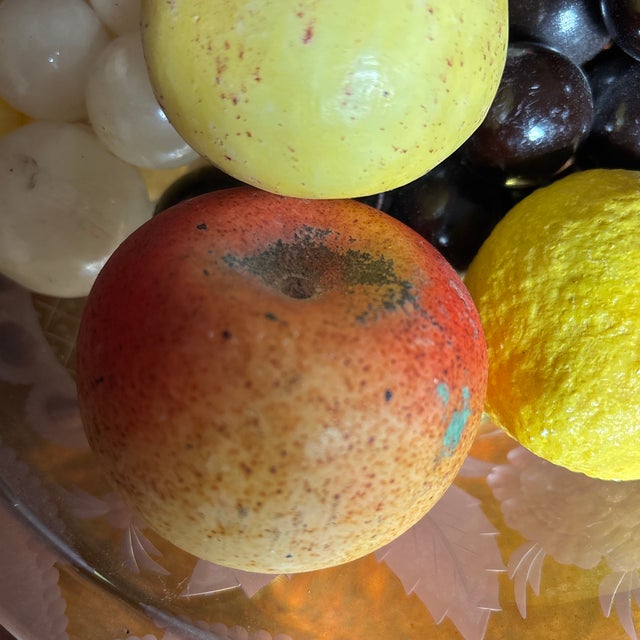 Orange Mottahedeh Collection of 9 Italian Alabaster Fruit and 12" Diameter Etched Glass Bowl For Sale - Image 8 of 11