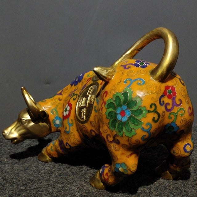 Yellow Vintage Cloisonne Enamel Bull Figurine – 9.8" Yellow Ground Gilt Ox Sculpture For Sale - Image 8 of 9