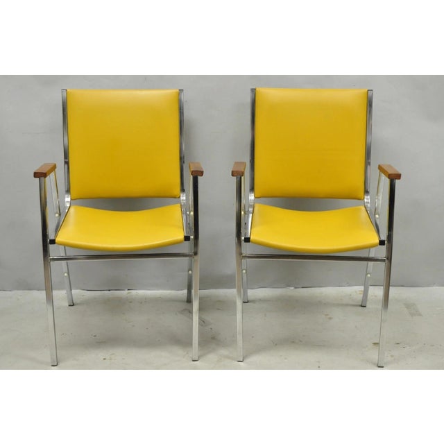 Vintage Nightingale Mid Century Modern Chrome & Yellow Vinyl Stacking Chair Pair For Sale - Image 4 of 15