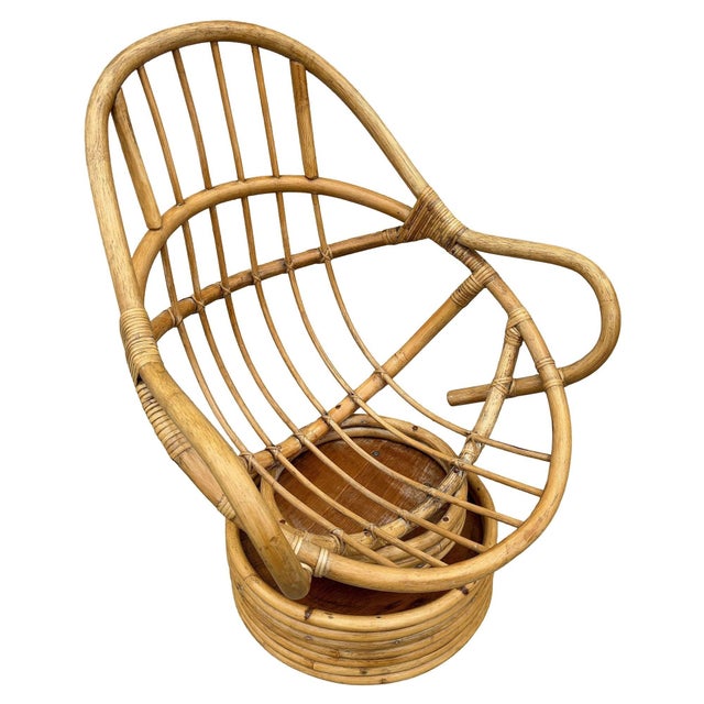 Wood 1970s Restored Swivel Bucket Lounge Chair on Stacked Rattan Pedestal Base For Sale - Image 7 of 10