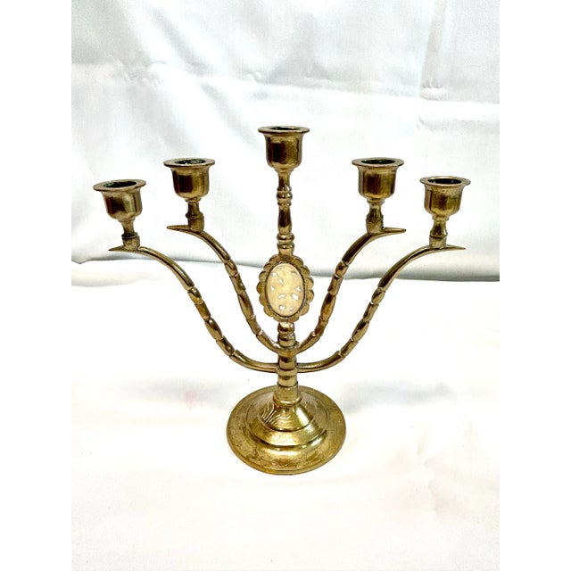 Hollywood Regency Pair Hollywood Regency Brass 5-Arm Candelabras With Carved Bone Medallions – Vintage Brass Candle Holders For Sale - Image 3 of 12