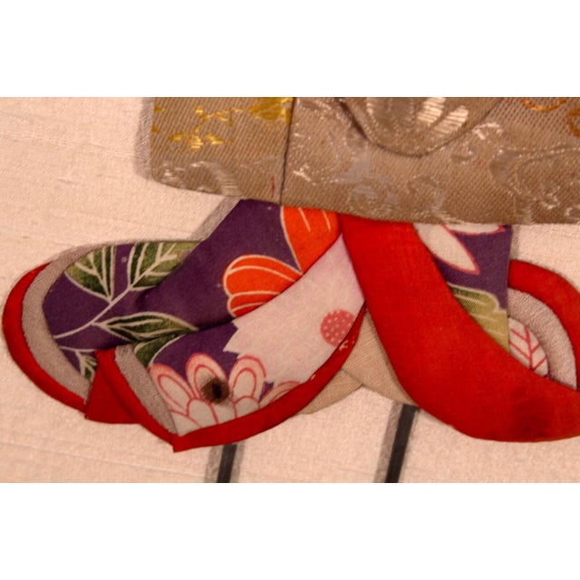 Antique Japanese Silk Brocade Oshie Art Geisha Puppet Dolls in Shadow Box Frame For Sale - Image 13 of 16