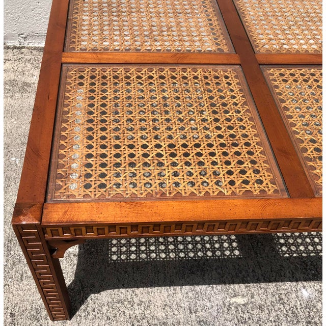 1970s Vintage Mid Century Cane & Glass Wood Fretwork Coffee Table For Sale - Image 5 of 12