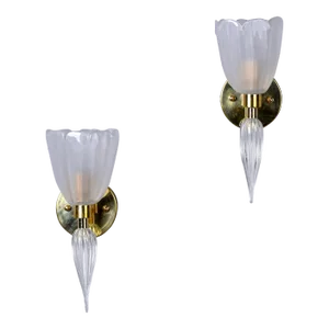 Murano Sconces With Fluted White Glass and Brass - Pair