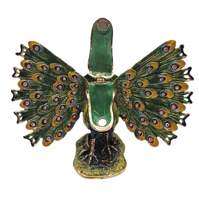 Traditional Enameled Jeweled Peacock Hinged Trinket Box For Sale - Image 3 of 7