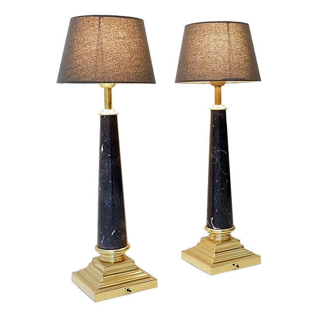 Brass Table Lamps with Black Marble Column, Set of 2 For Sale