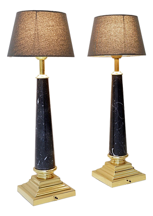 Brass Table Lamps with Black Marble Column, Set of 2