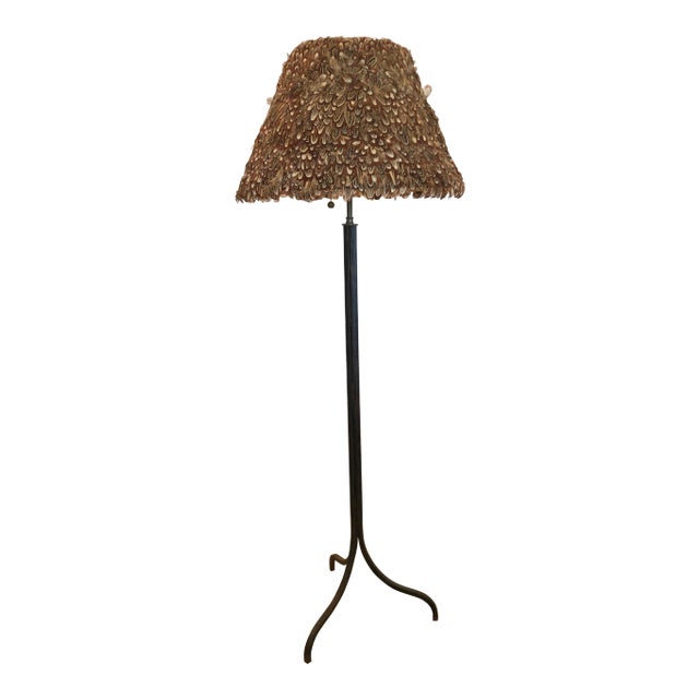 Antique French Vintage Directoire Steel Floor Lamp With Feather Shade For Sale