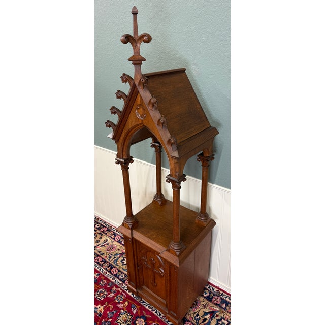 Antique French Gothic Revival Statuary Niche Cabinet Pedestal Altar Oak Late 19c For Sale - Image 14 of 18