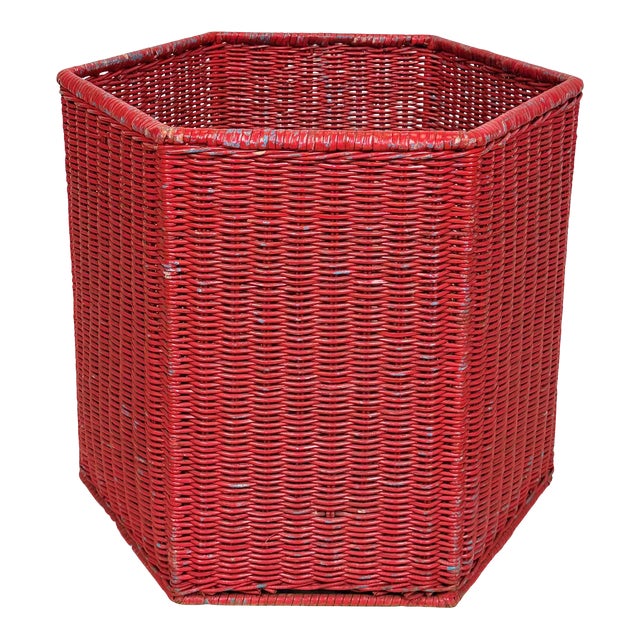 Vintage Coastal Boho Red Wicker Octagonal Basket Hamper For Sale
