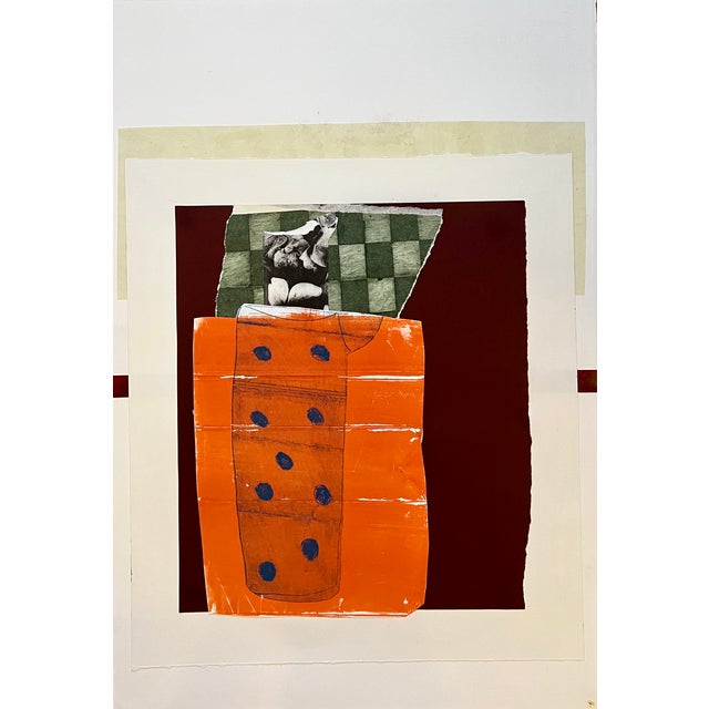 The is a collage using prints that have been ripped and rearranged. One print is the orange background and blue vase. This...