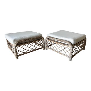 McGuire - Style Whitewashed Lattice Design Rattan Ottomans - a Pair For Sale
